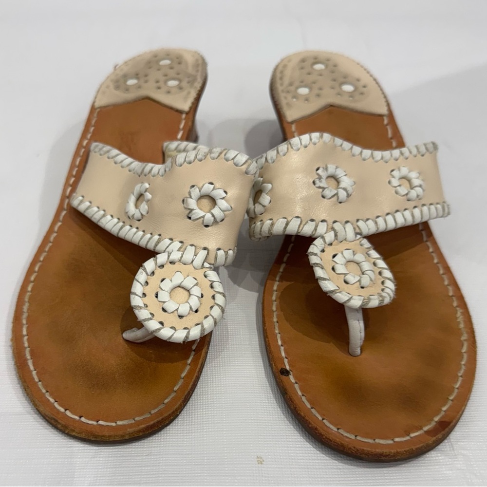 Jack Rogers Tan and Cream Sandals with Medallion Detail size 7